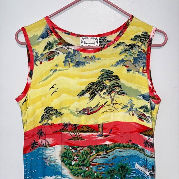 Vintage Clio Dressing Sleeveless Rayon Maxi Dress With Scenic Print Yellow/Blue/ - Picture 2 of 6